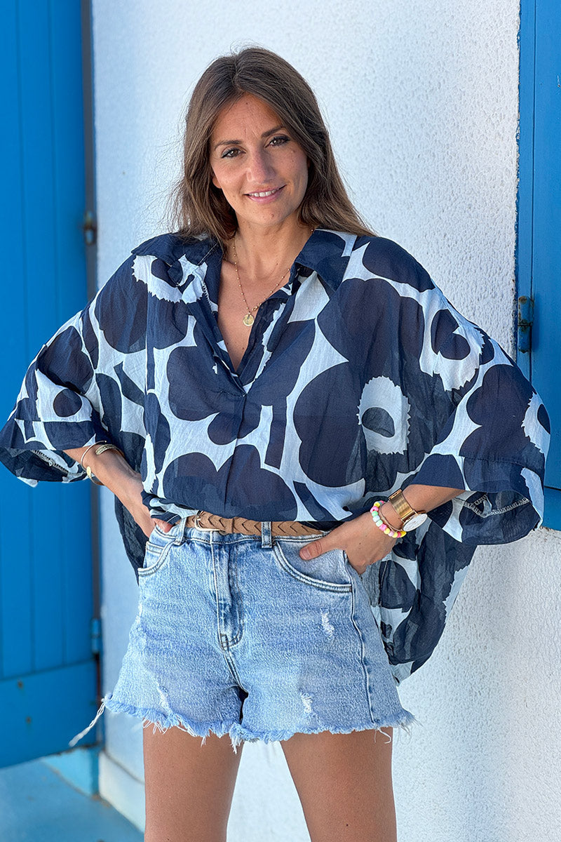 Navy Floral Sleeveless Cropped Blouse