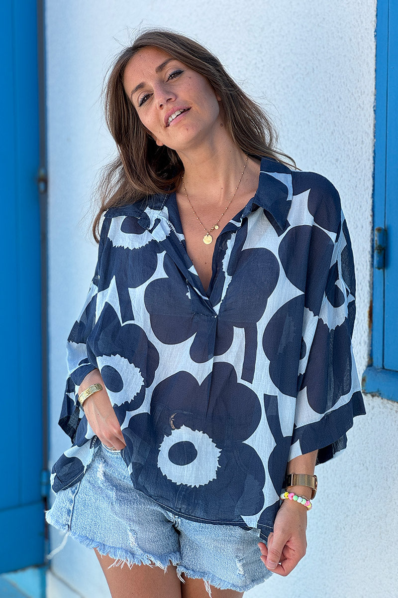 Navy Floral Sleeveless Cropped Blouse