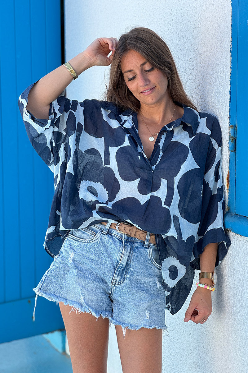 Navy Floral Sleeveless Cropped Blouse
