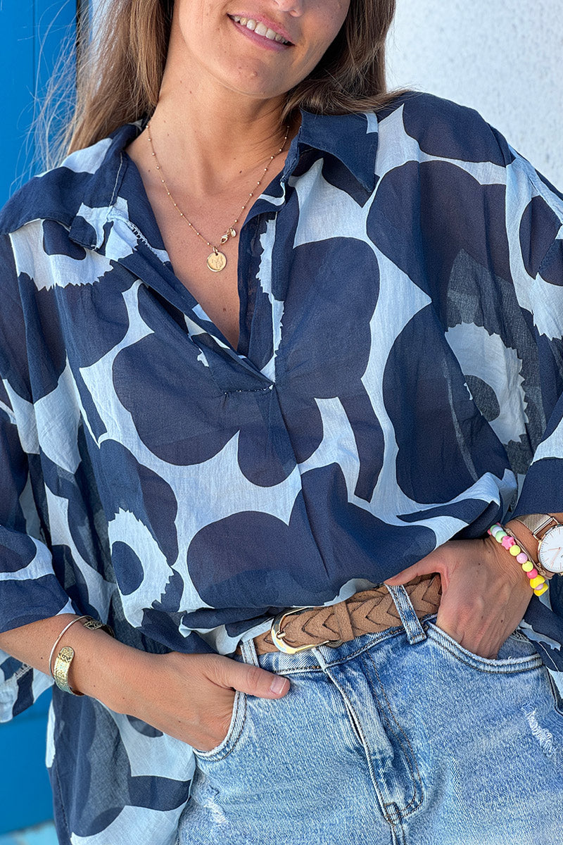 Navy Floral Sleeveless Cropped Blouse