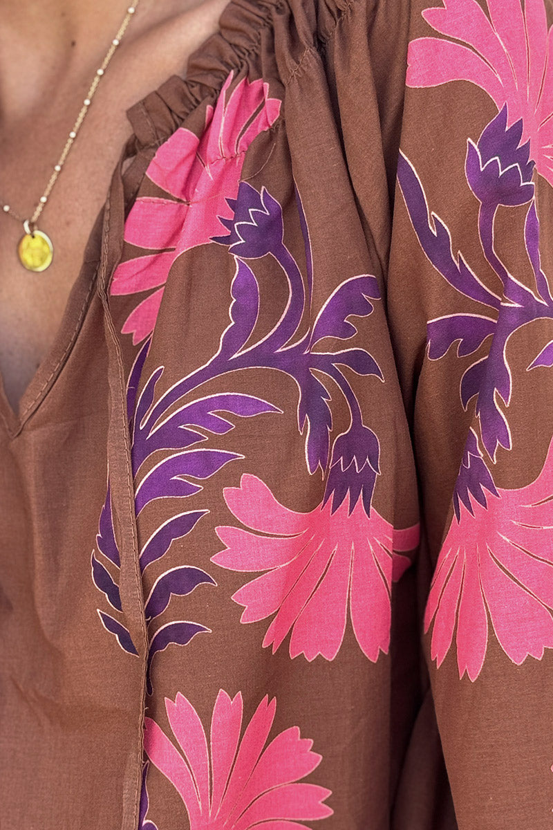 Chocolate Brown Autumn Blooms Peasant Blouse