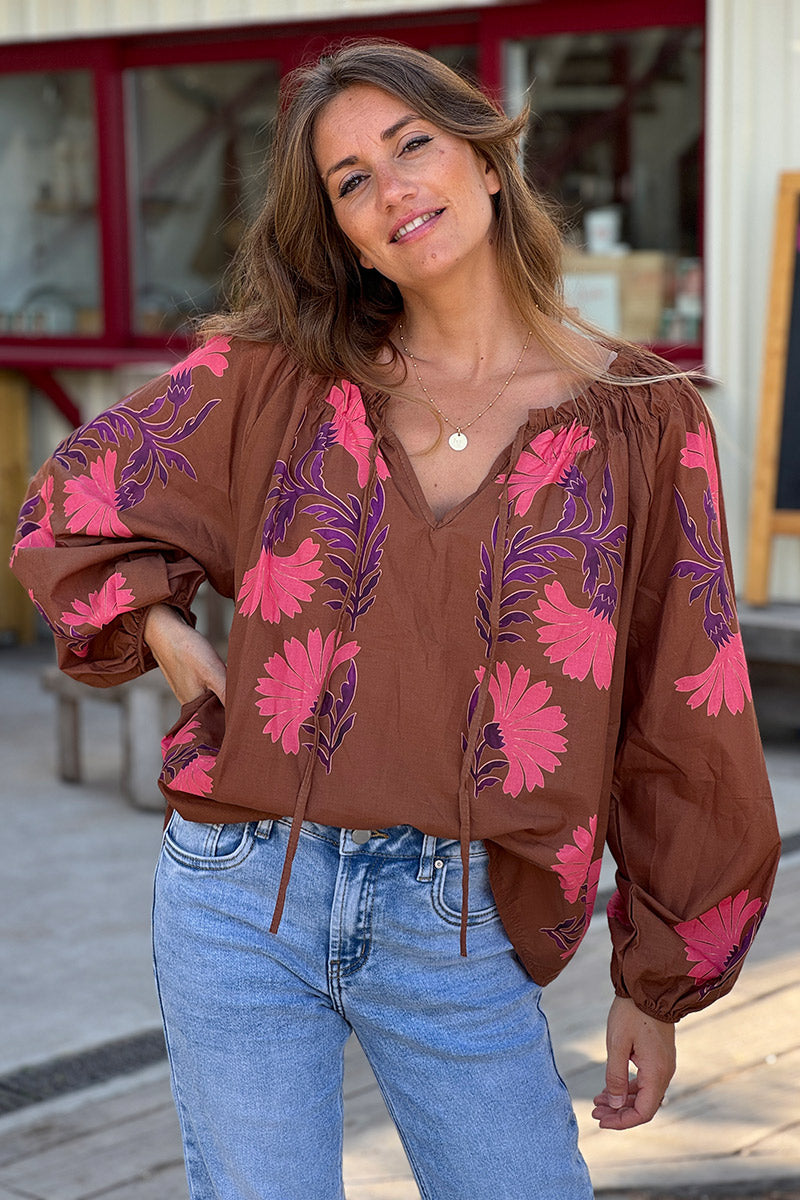 Chocolate Brown Autumn Blooms Peasant Blouse
