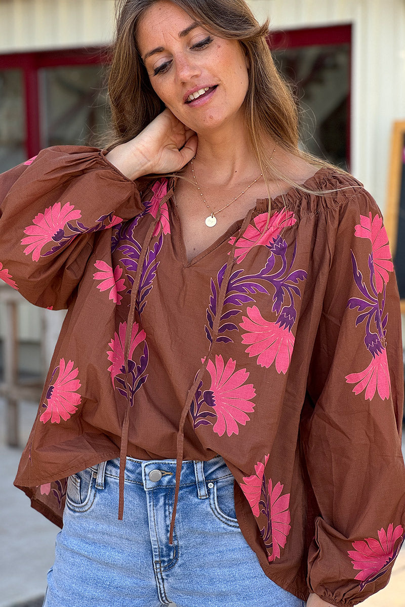 Chocolate Brown Autumn Blooms Peasant Blouse