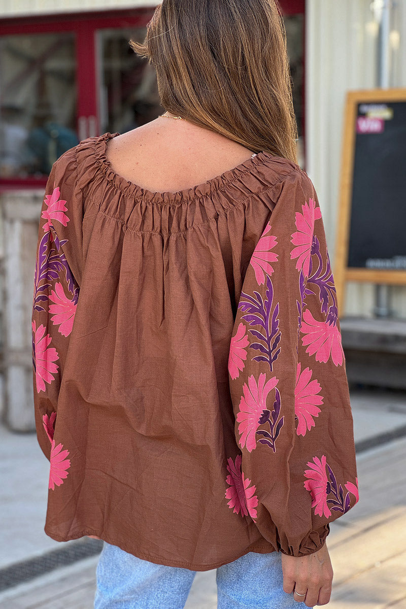 Chocolate Brown Autumn Blooms Peasant Blouse