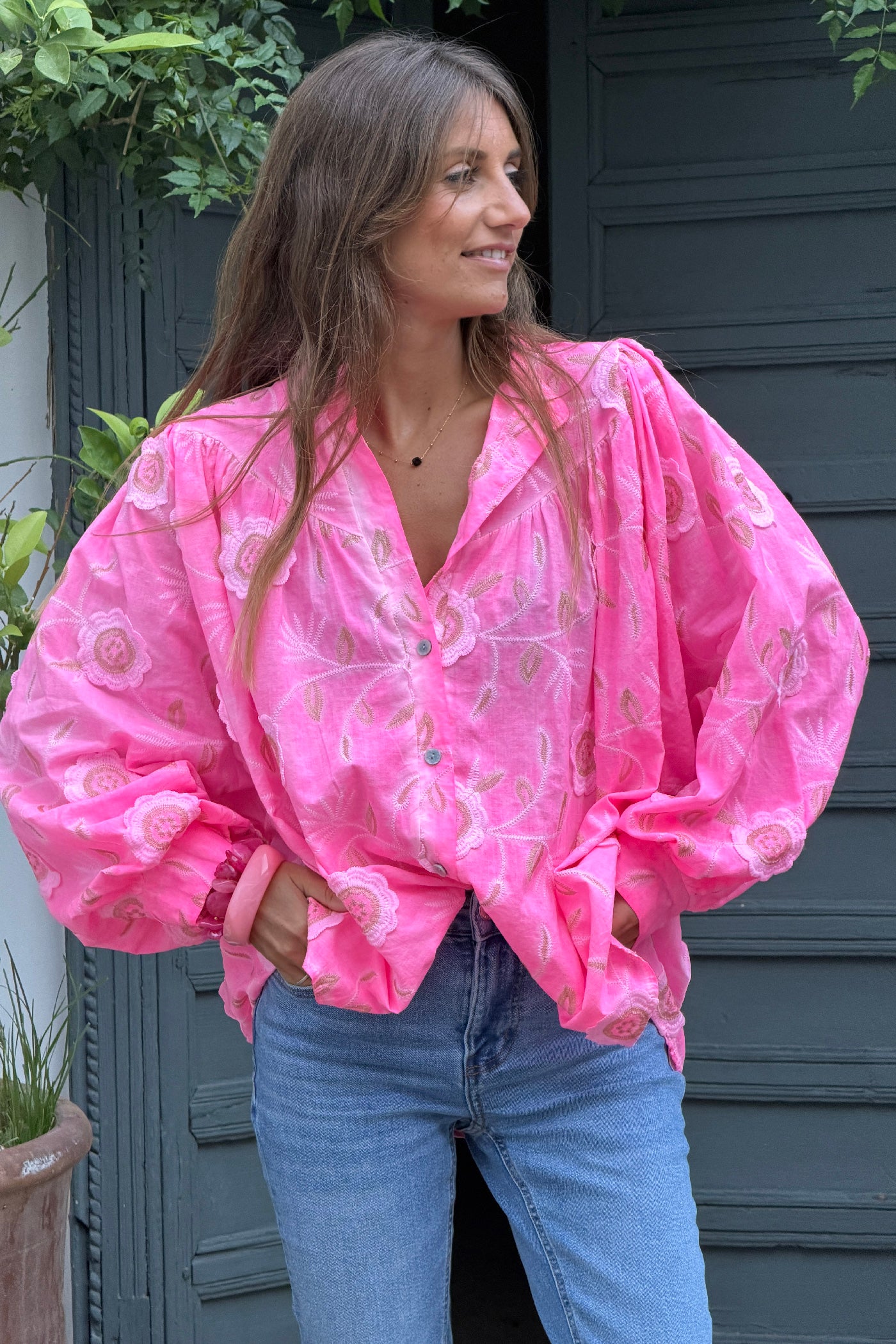 Flash Pink Floral Embroidered Button-Down Peasant Blouse