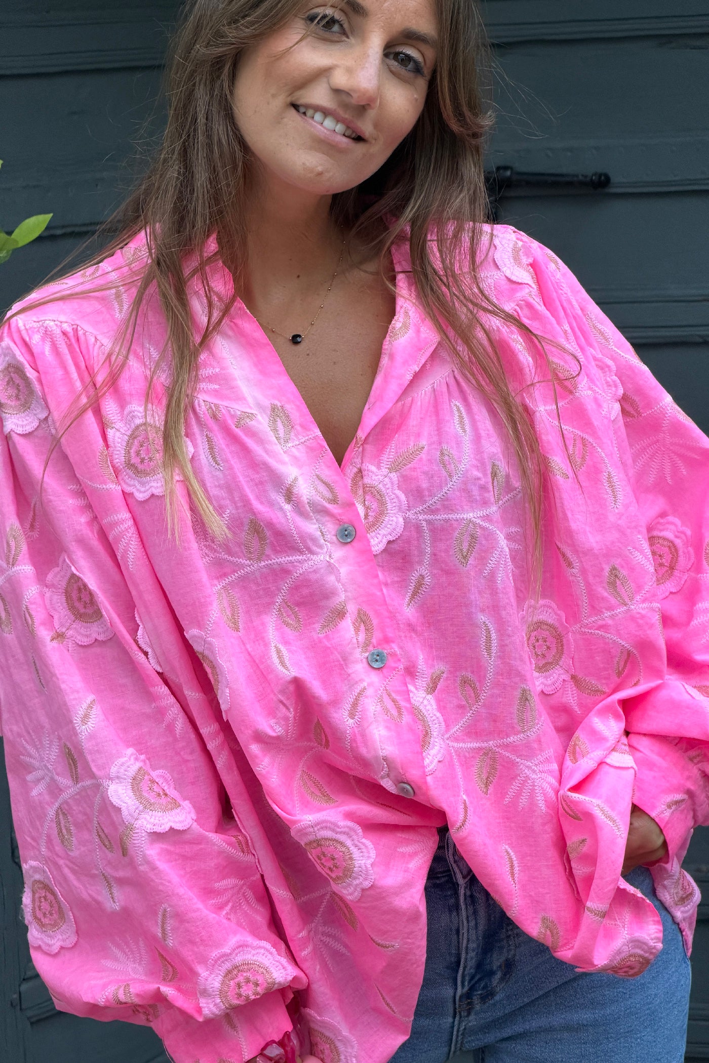Flash Pink Floral Embroidered Button-Down Peasant Blouse