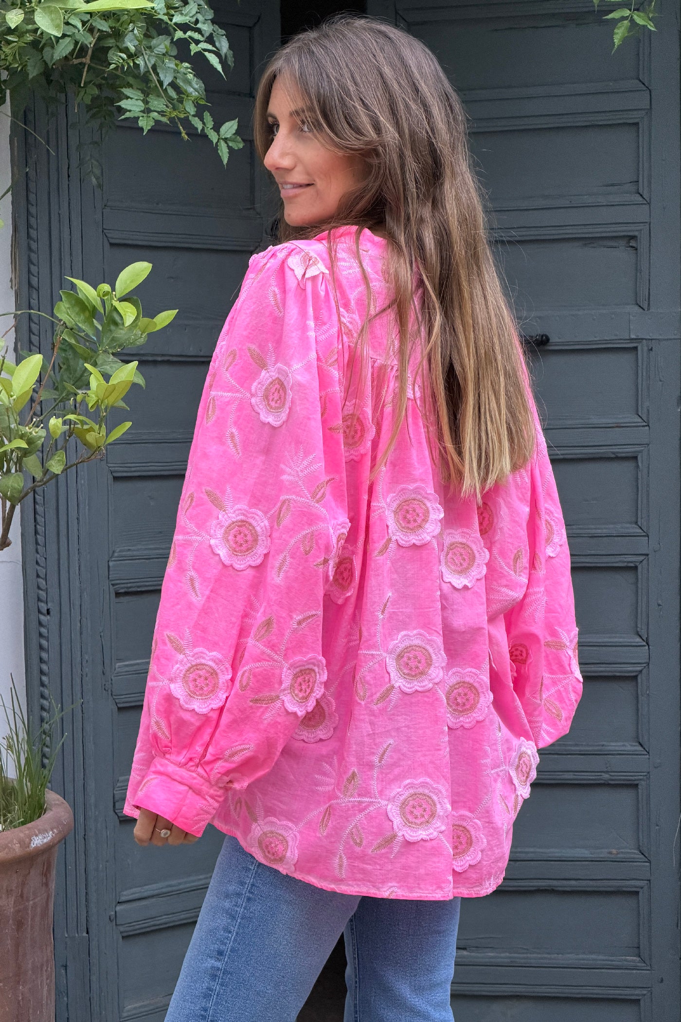Flash Pink Floral Embroidered Button-Down Peasant Blouse