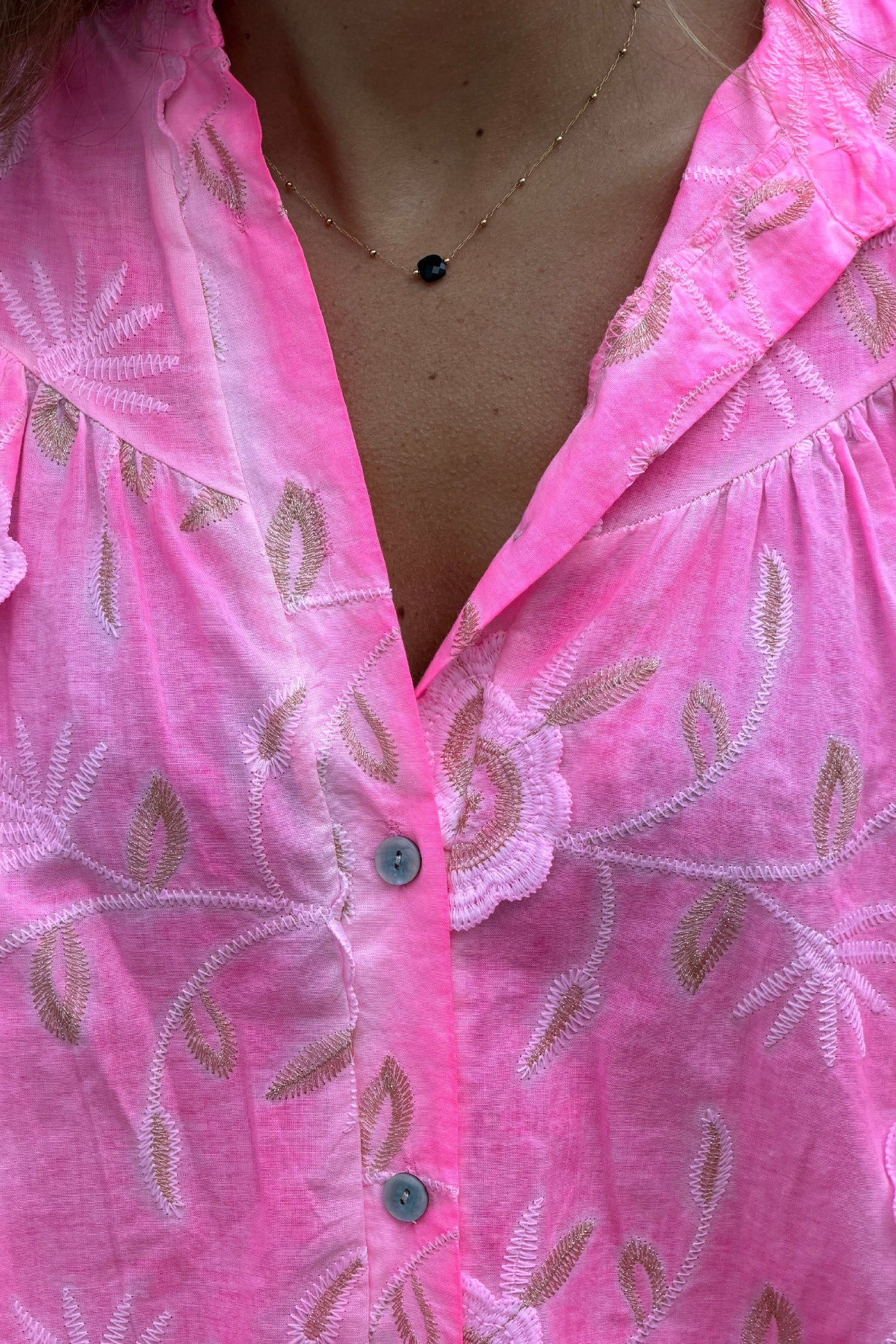 Flash Pink Floral Embroidered Button-Down Peasant Blouse