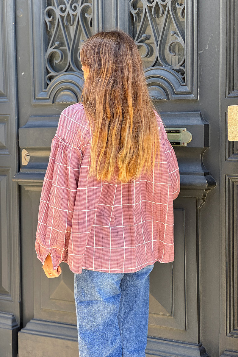 Blouse rose petits carreaux col mao et boutons
