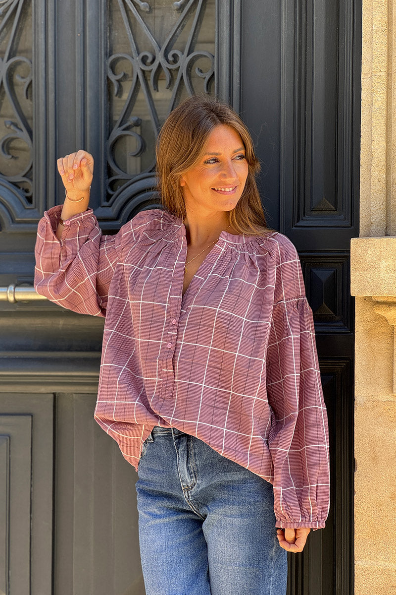 Blouse rose petits carreaux col mao et boutons