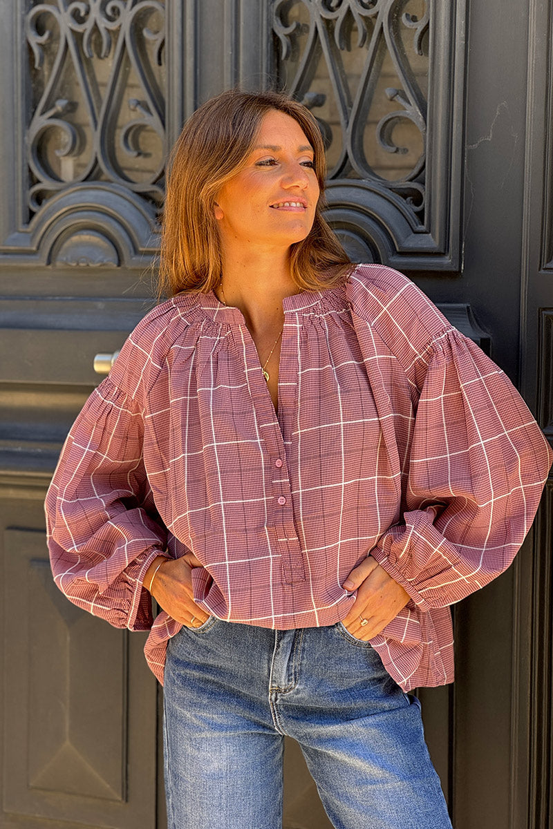 Blouse rose petits carreaux col mao et boutons