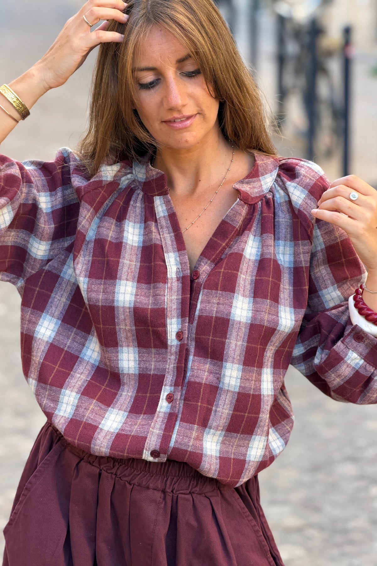 Blouse toucher flanelle doux à carreaux tartan aubergine