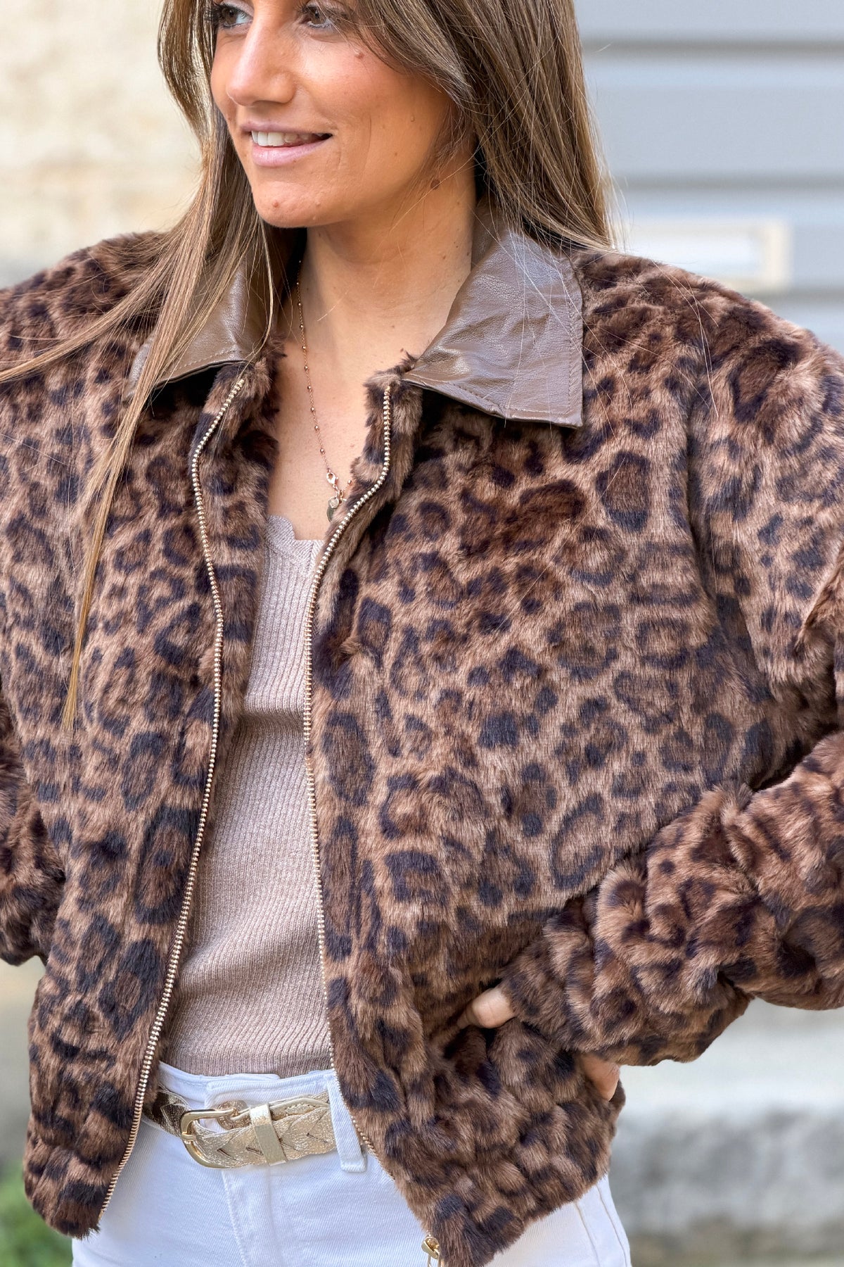 Leopard Print Plush Zip-Up Jacket