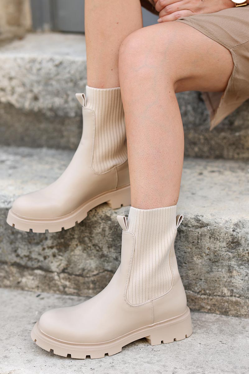 Beige faux leather chunky sole sock boots