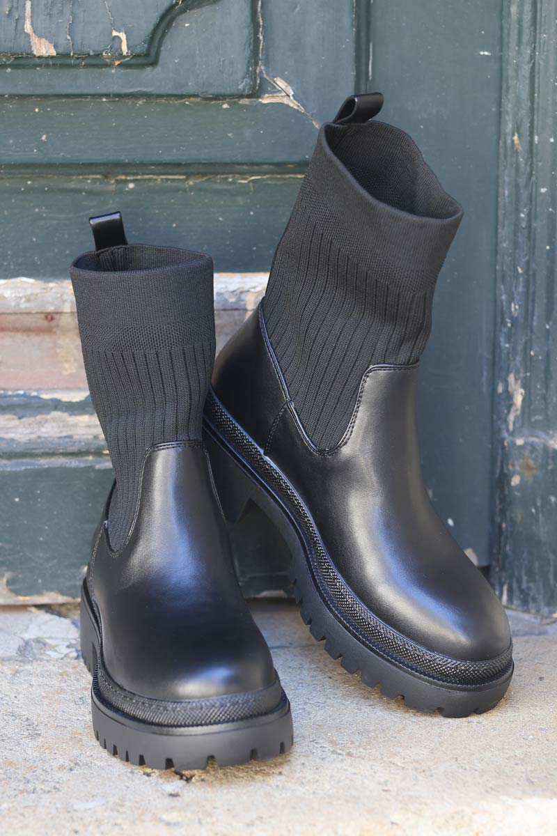 Boots chaussettes noires tissus elastique et simili cuir e078 (1)