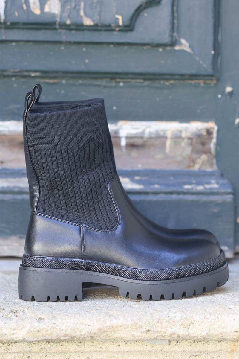 Boots chaussettes noires tissus elastique et simili cuir e078 (1)