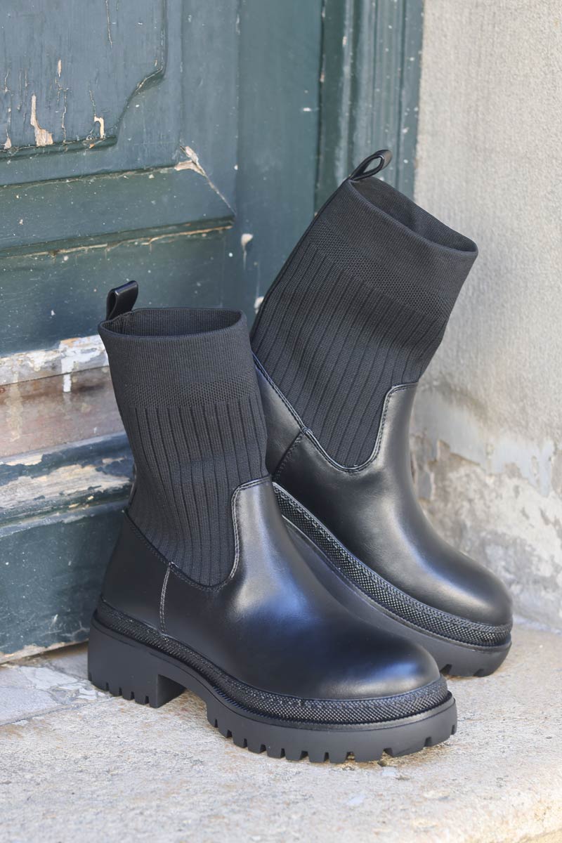 Boots chaussettes noires tissus elastique et simili cuir e078 (1)