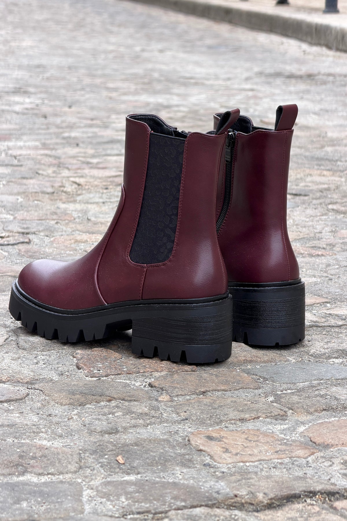 Aubergine Leatherette Boots with Leopard Insert