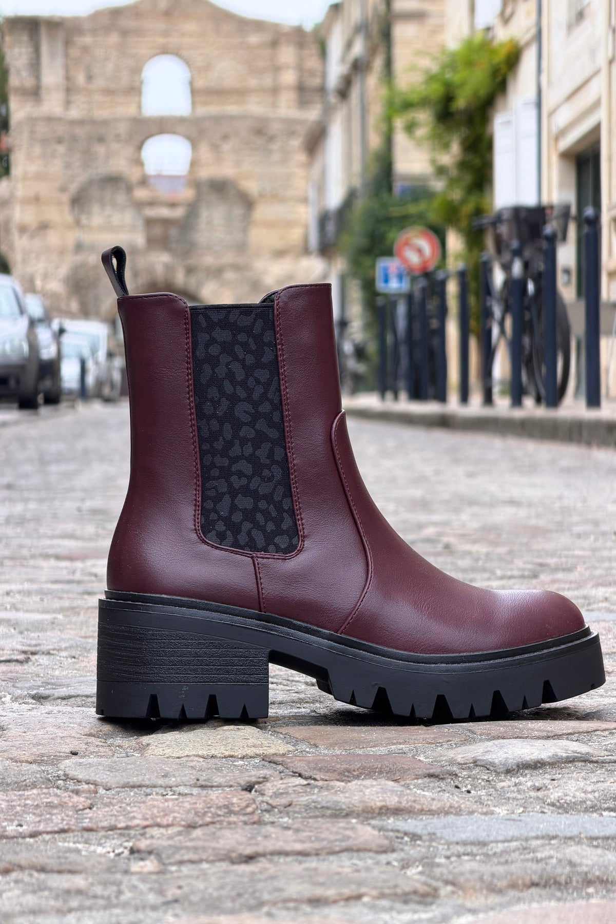 Aubergine Leatherette Boots with Leopard Insert