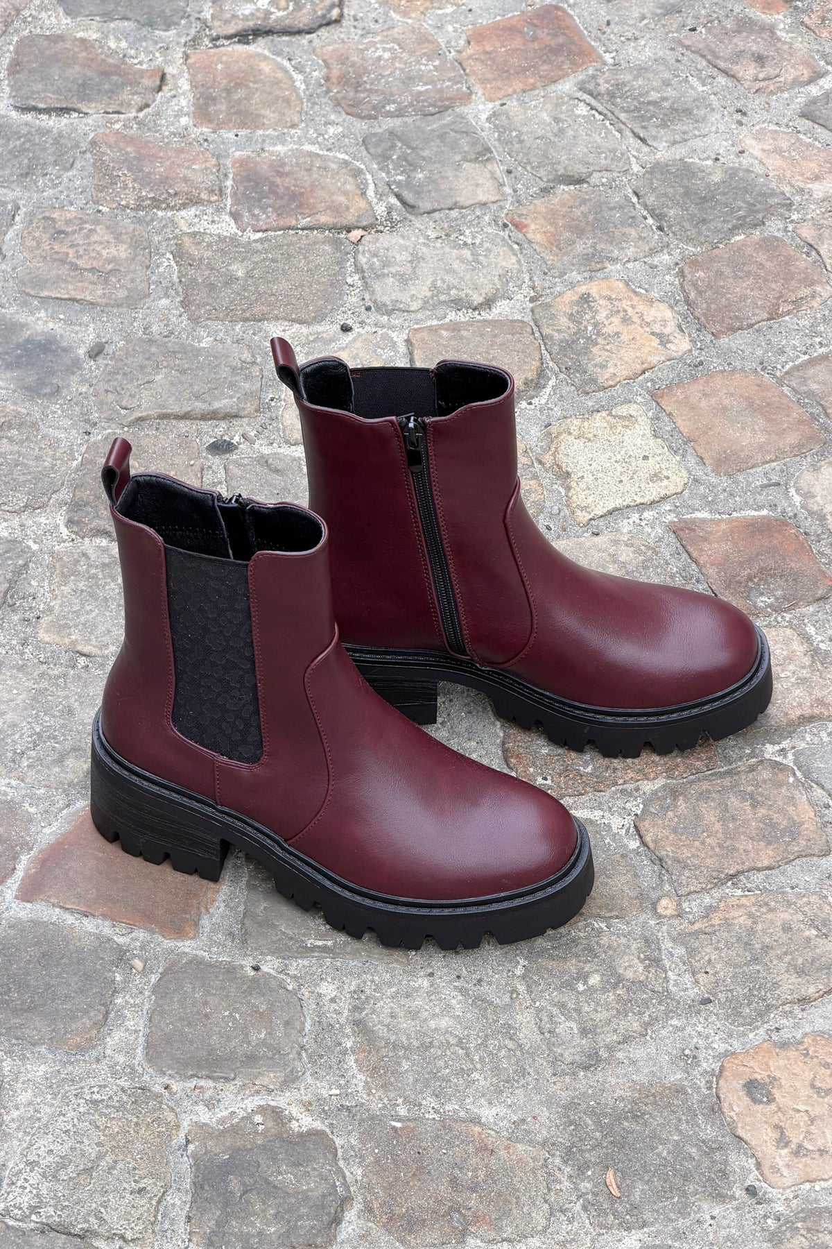 Aubergine Leatherette Boots with Leopard Insert