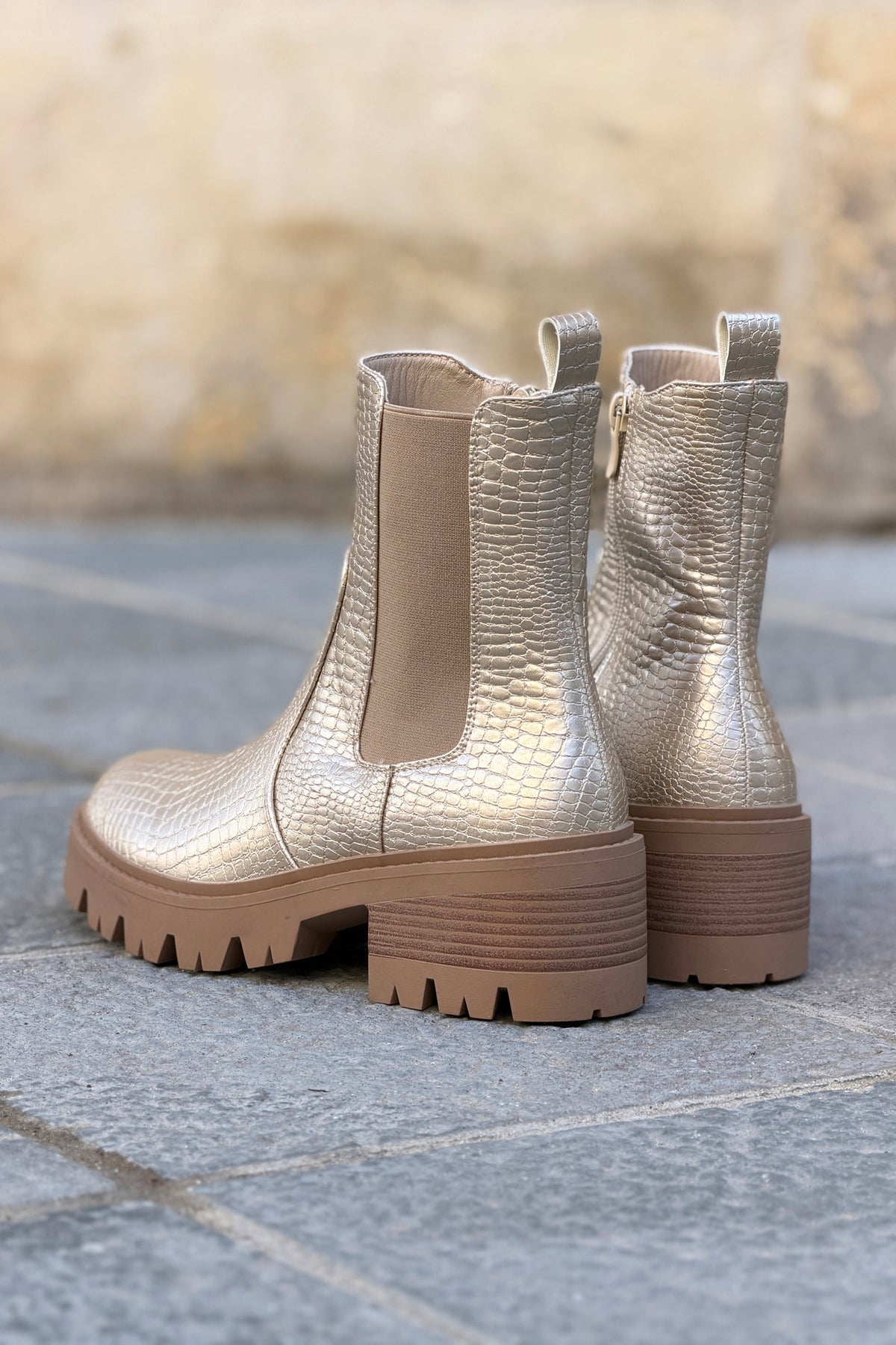 Gold Alligator Stretch Lug Sole Boots