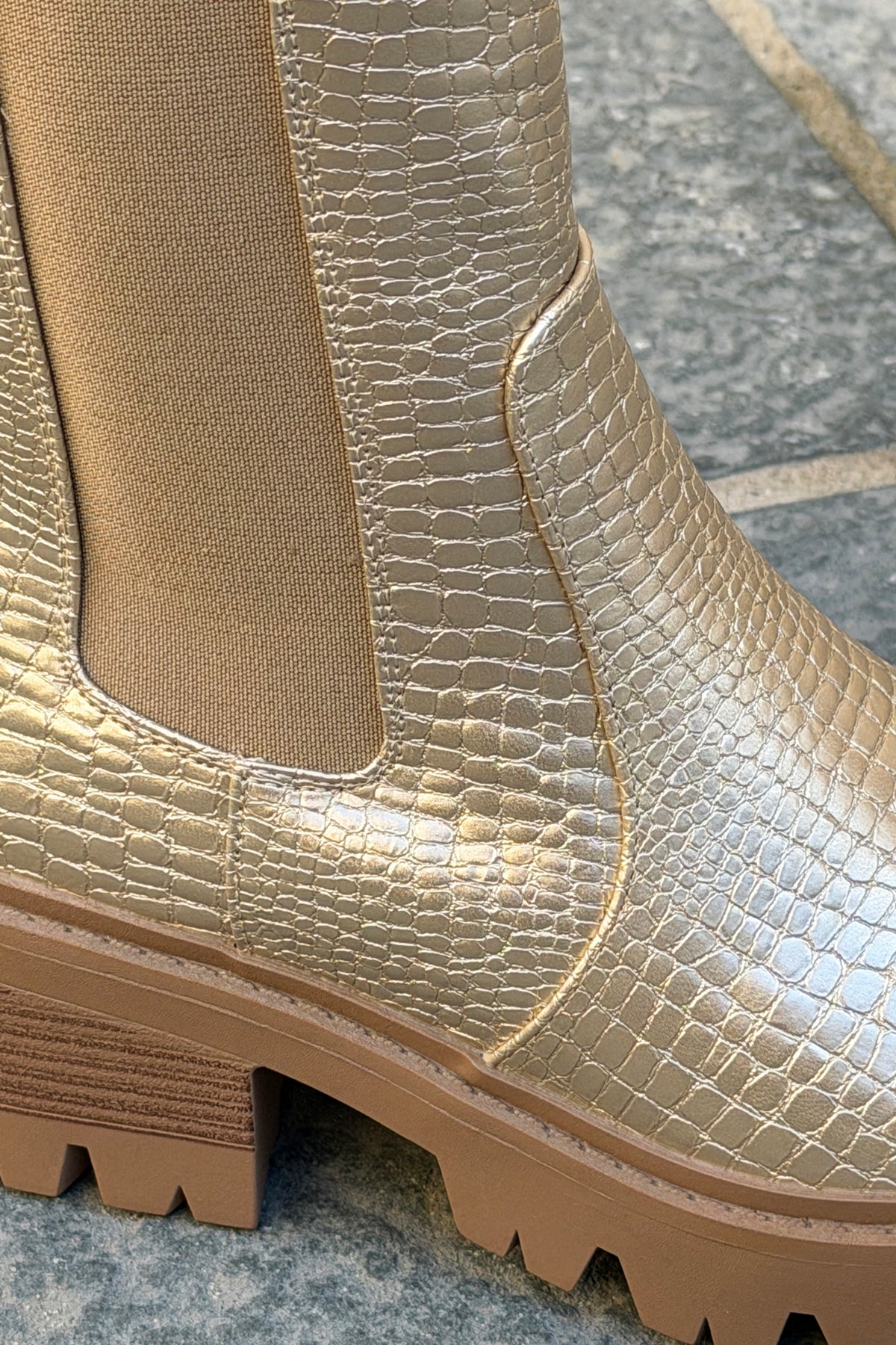 Gold Alligator Stretch Lug Sole Boots