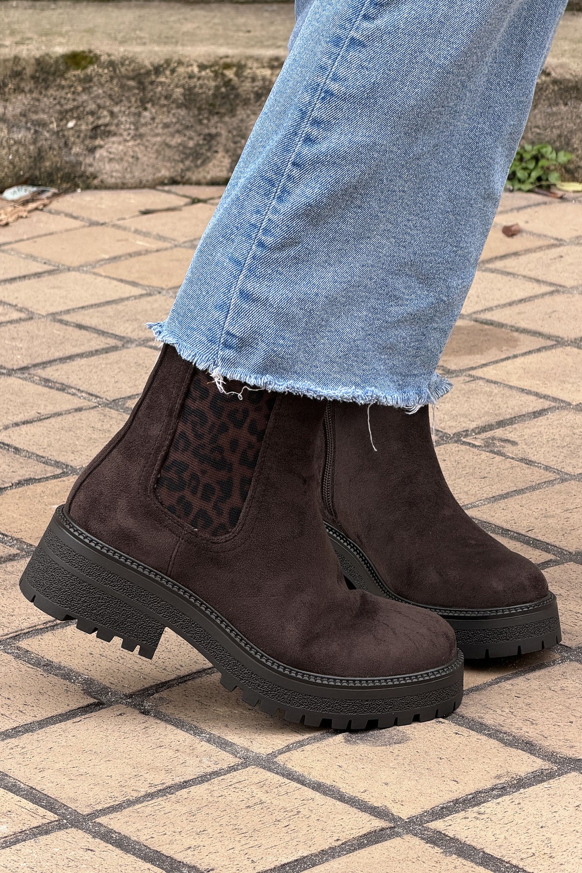 Brown Leatherette Boots with Leopard Insert