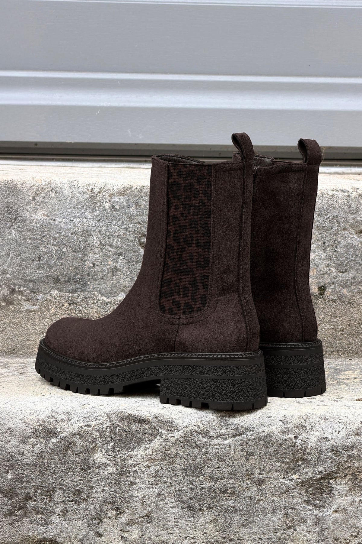 Brown Leatherette Boots with Leopard Insert