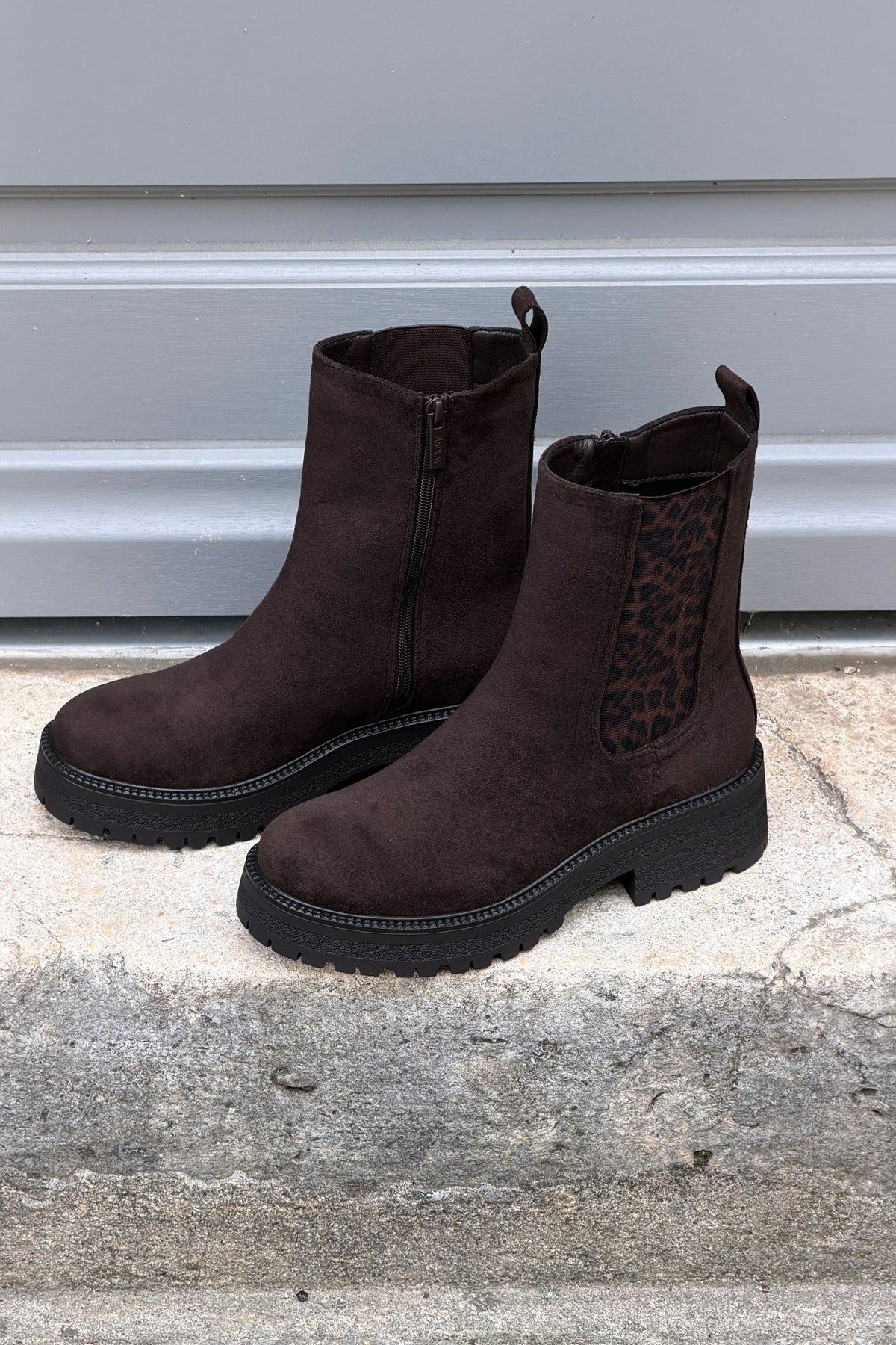 Brown Leatherette Boots with Leopard Insert