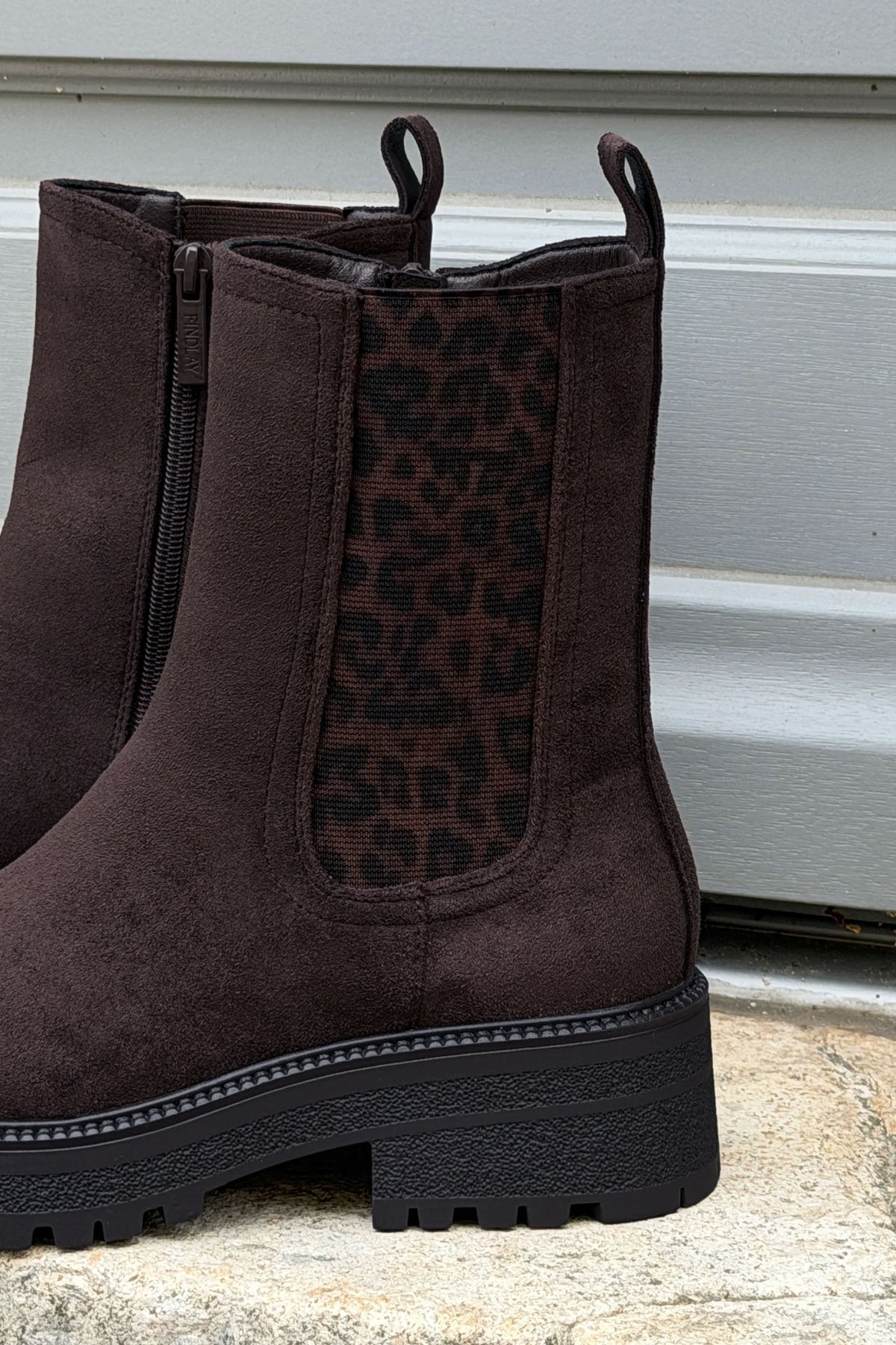 Brown Leatherette Boots with Leopard Insert