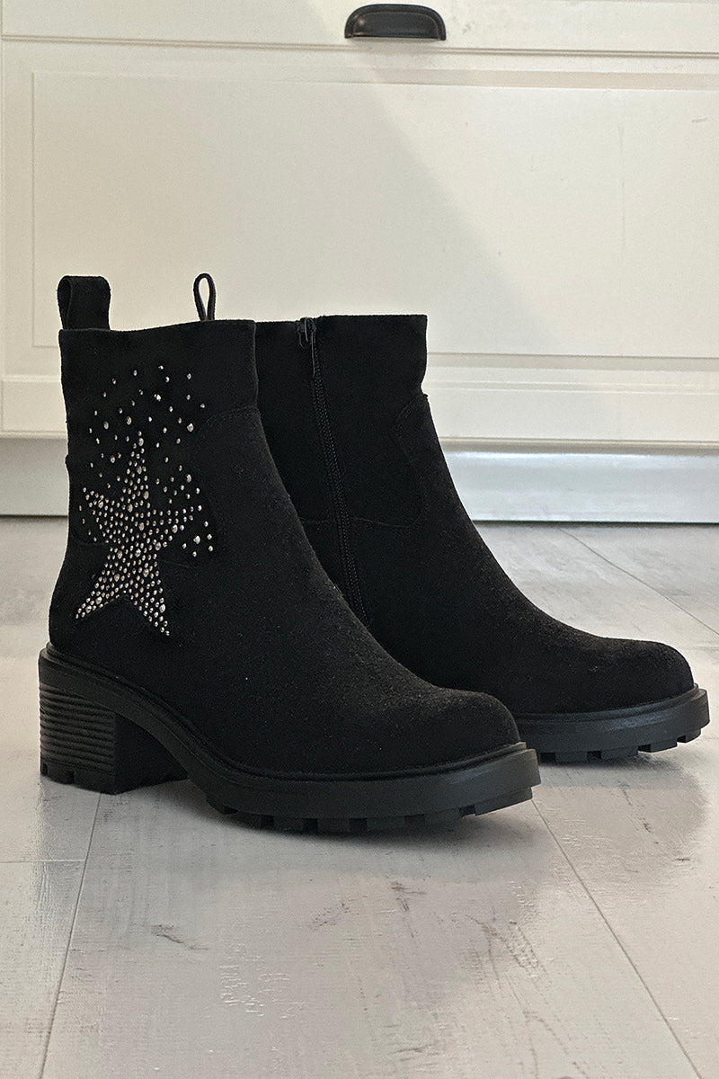 Boots noires à talon cranté étoile en strass