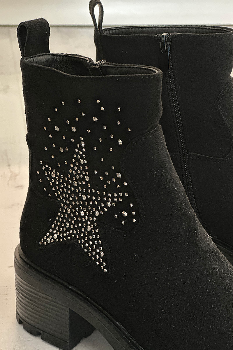 Boots noires à talon cranté étoile en strass
