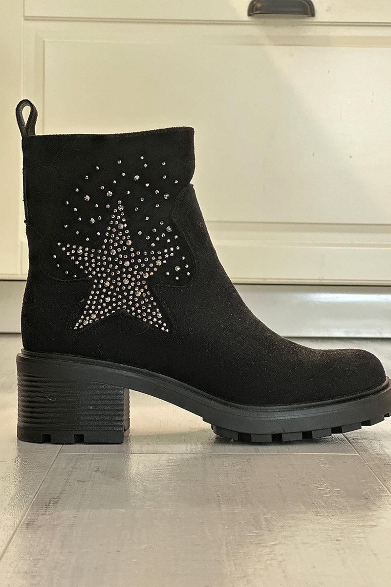 Boots noires à talon cranté étoile en strass