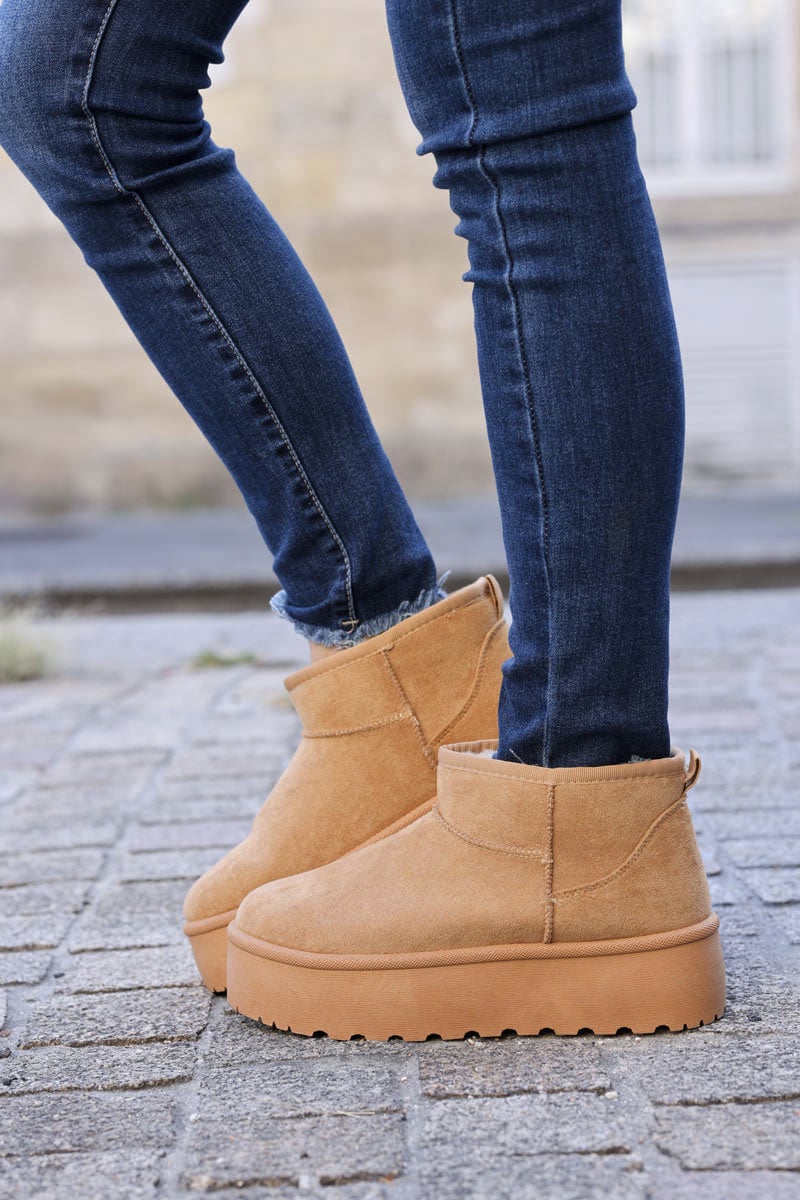 Bottes camel fourrées basses à plateforme