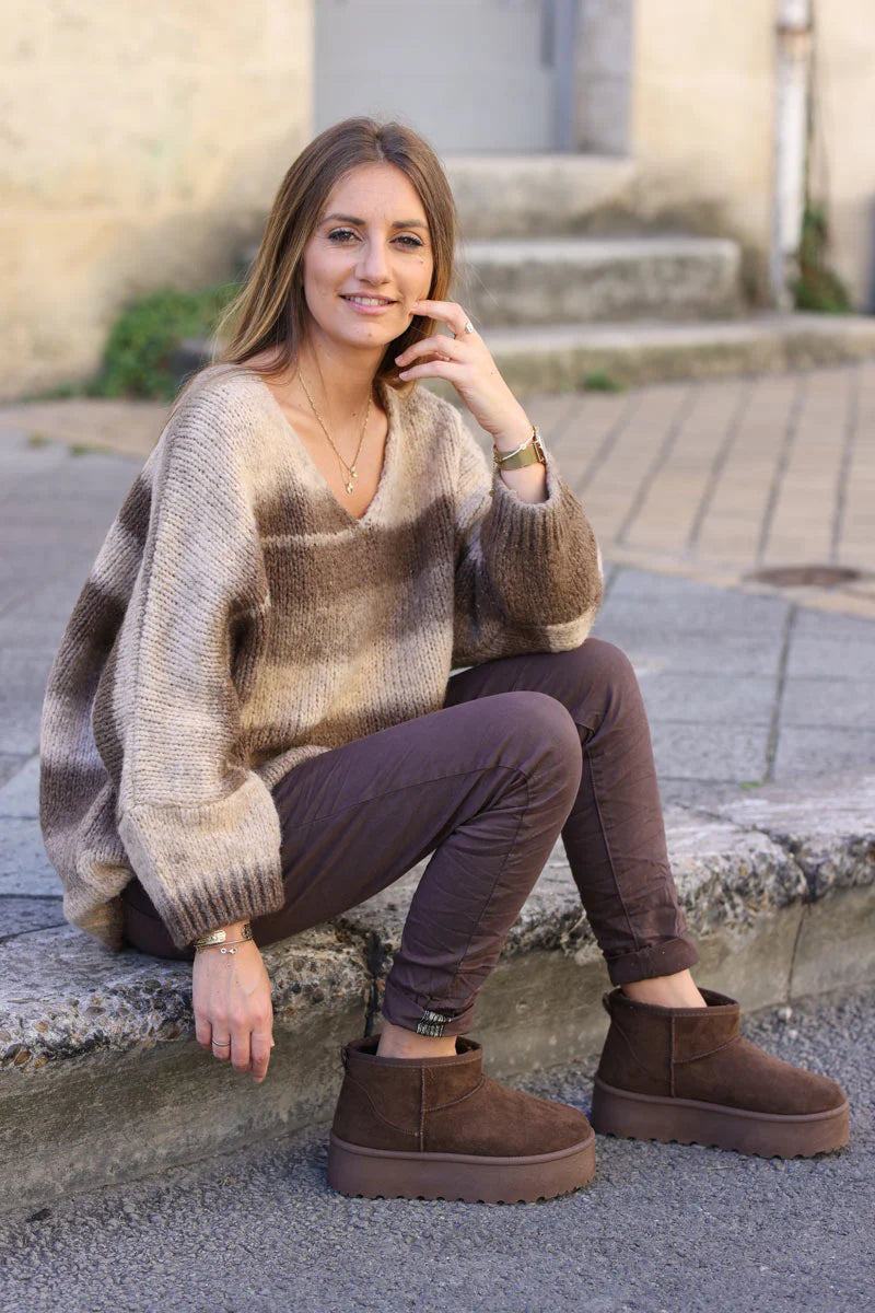 Bottes chocolat fourrées basses à plateforme