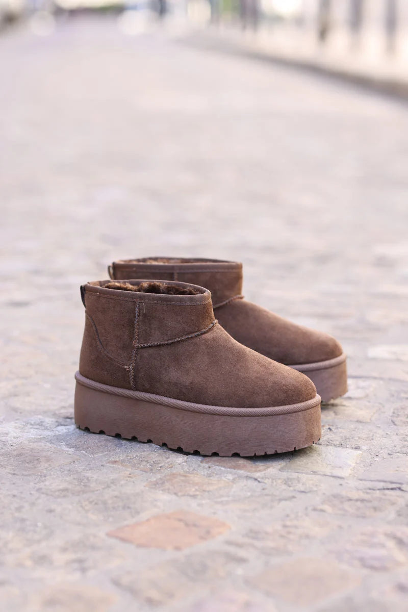 Bottes chocolat fourrées basses à plateforme