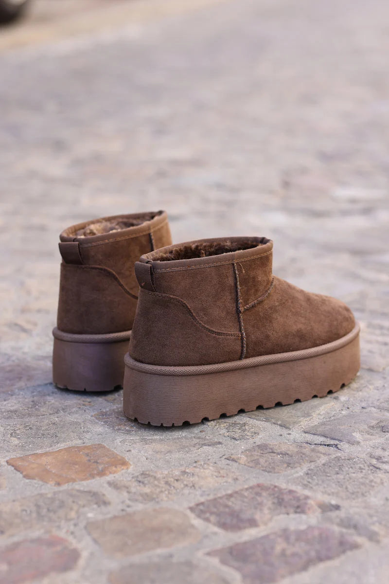 Bottes chocolat fourrées basses à plateforme