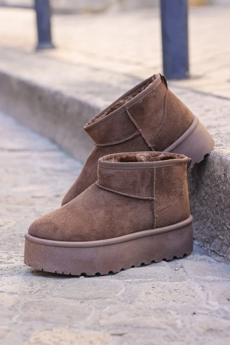 Bottes chocolat fourrées basses à plateforme