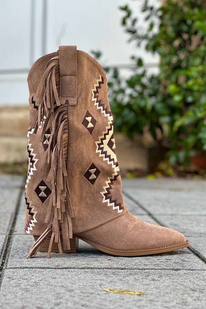 Taupe Suede Foldover Embroidered Cowboy Boots