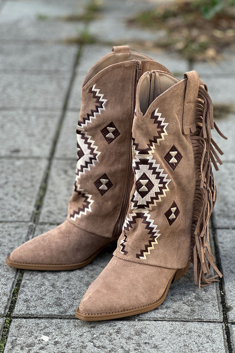 Taupe Suede Foldover Embroidered Cowboy Boots