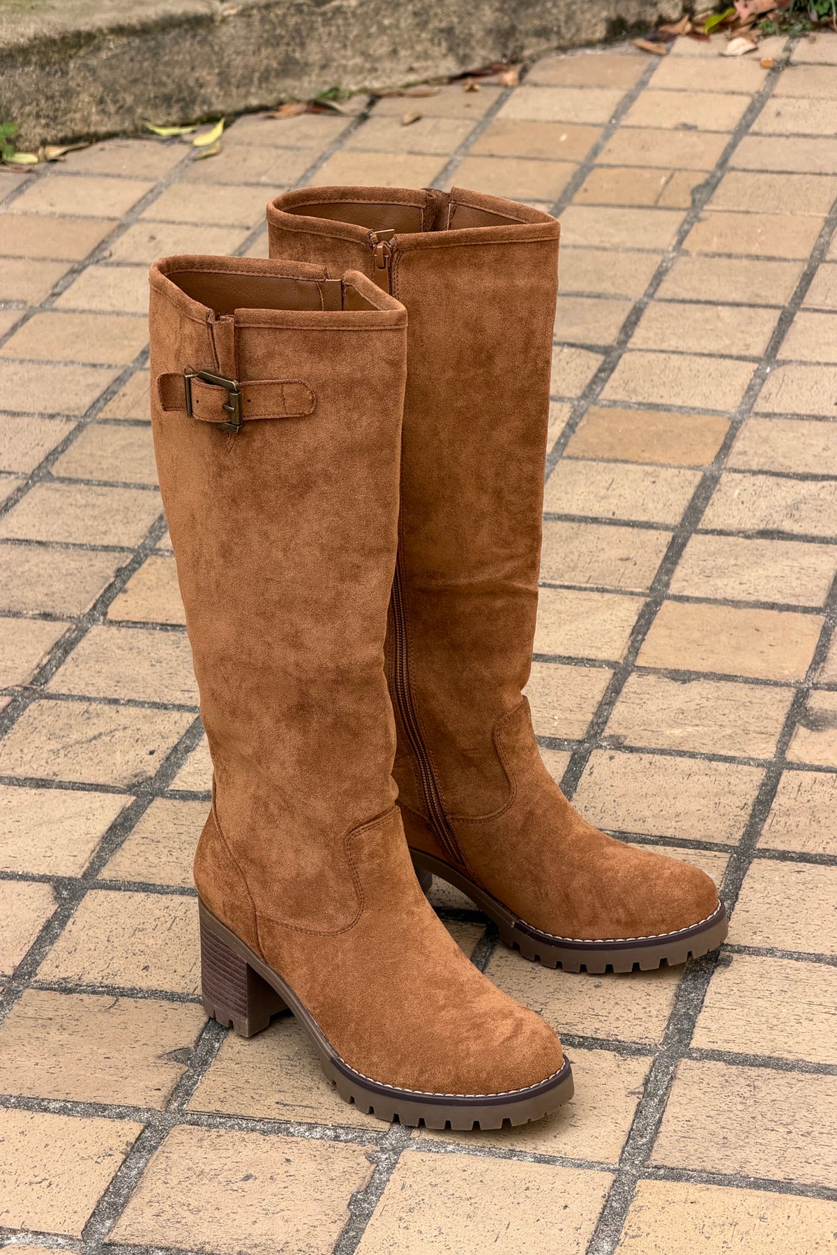 Camel Suedette Pull-On Boots with Buckle