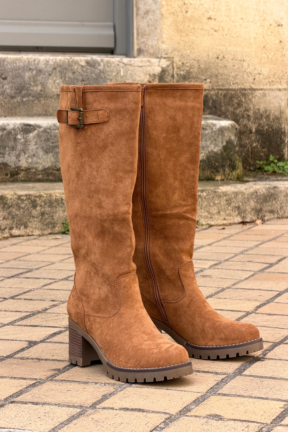 Camel Suedette Pull-On Boots with Buckle
