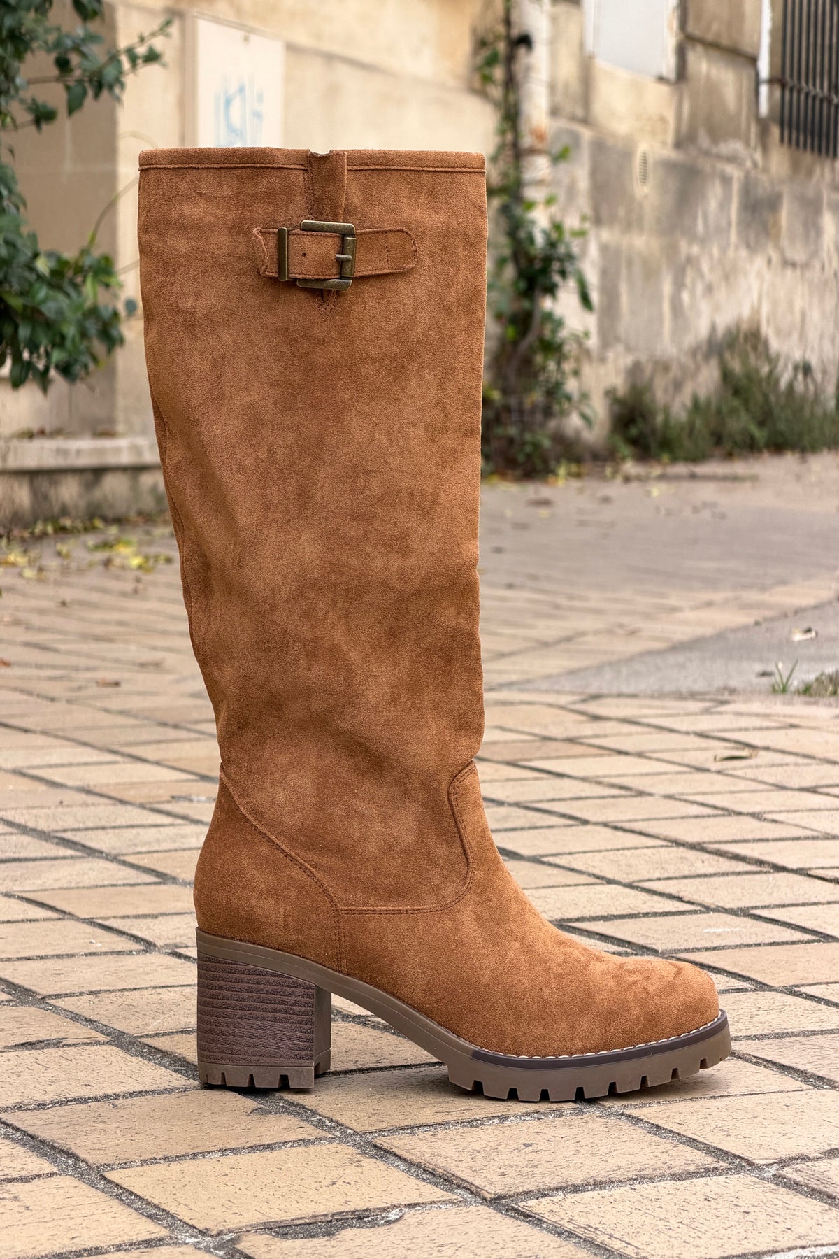 Camel Suedette Pull-On Boots with Buckle