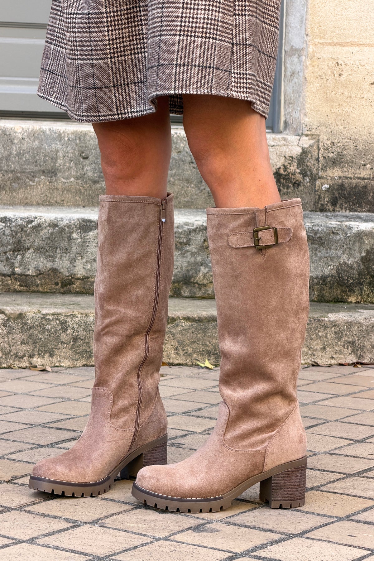 Taupe Suedette Pull-On Boots with Buckle