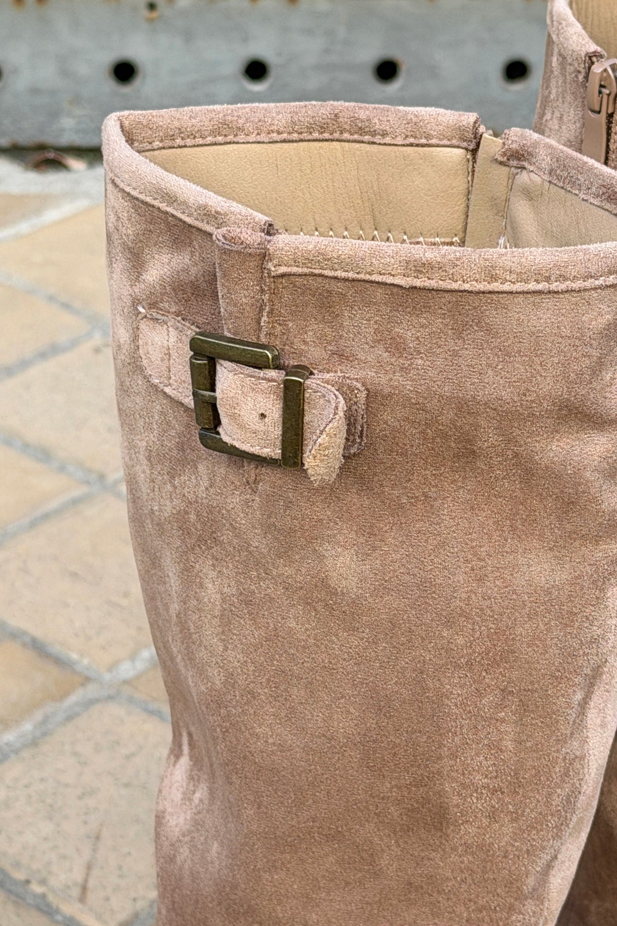 Taupe Suedette Pull-On Boots with Buckle