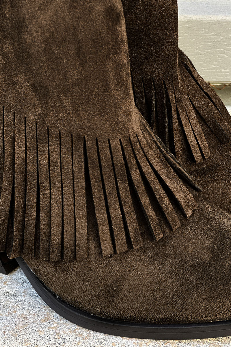 Brown/Khaki Suede Foldover Fringe Cowboy Boots