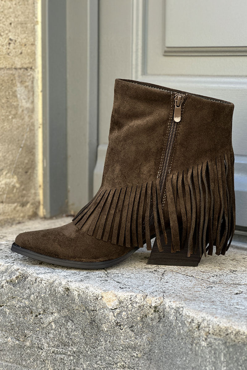 Bottes marron kaki à talon avec franges style indien
