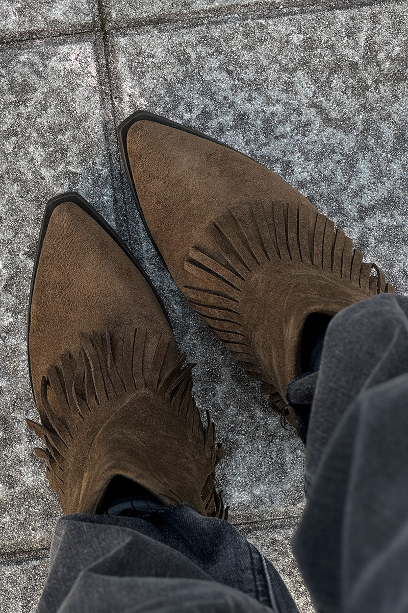 Bottes marron kaki à talon avec franges style indien