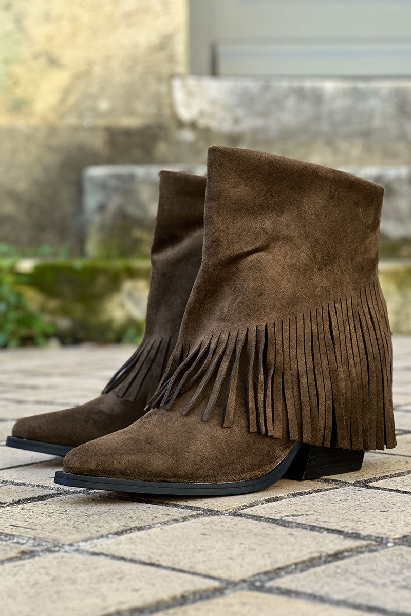Bottes marron kaki à talon avec franges style indien