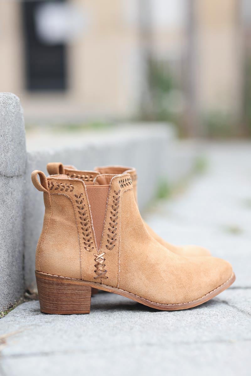 Camel ankle boots with cross stitch detail